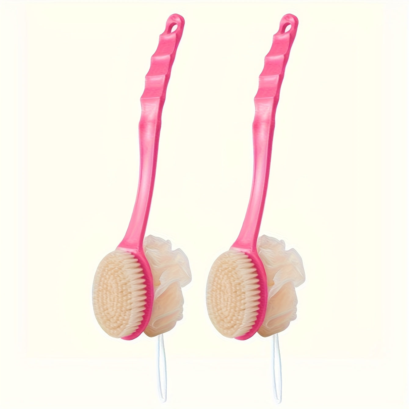 2 colors available - 1pc soft loofah and bristle body brush with curved long handle, for body, face, and spa cleansing - bathroom accessory