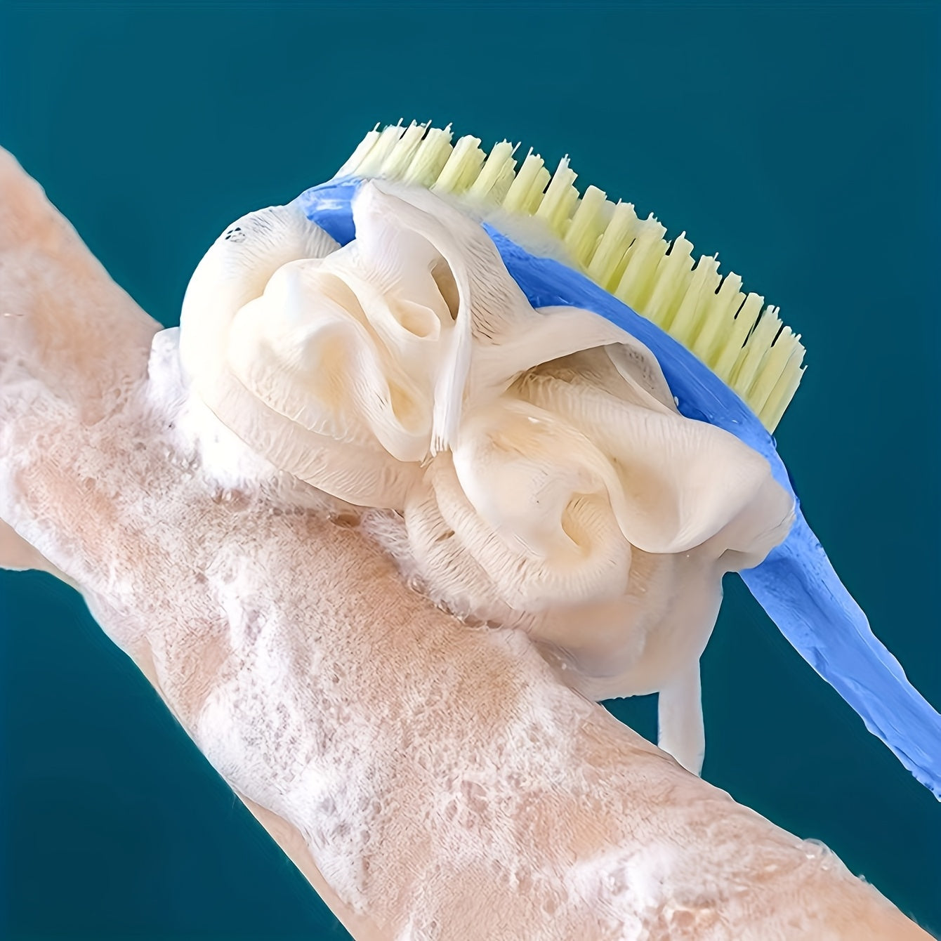2 colors available - 1pc soft loofah and bristle body brush with curved long handle, for body, face, and spa cleansing - bathroom accessory