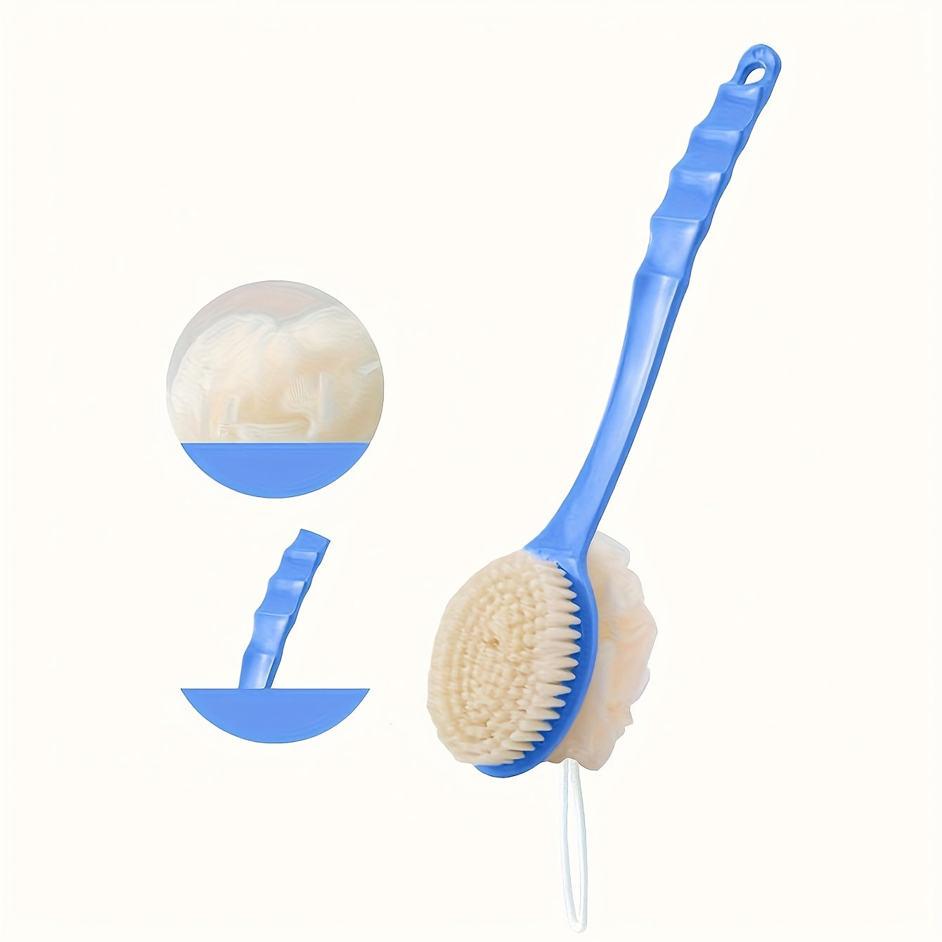 2 colors available - 1pc soft loofah and bristle body brush with curved long handle, for body, face, and spa cleansing - bathroom accessory