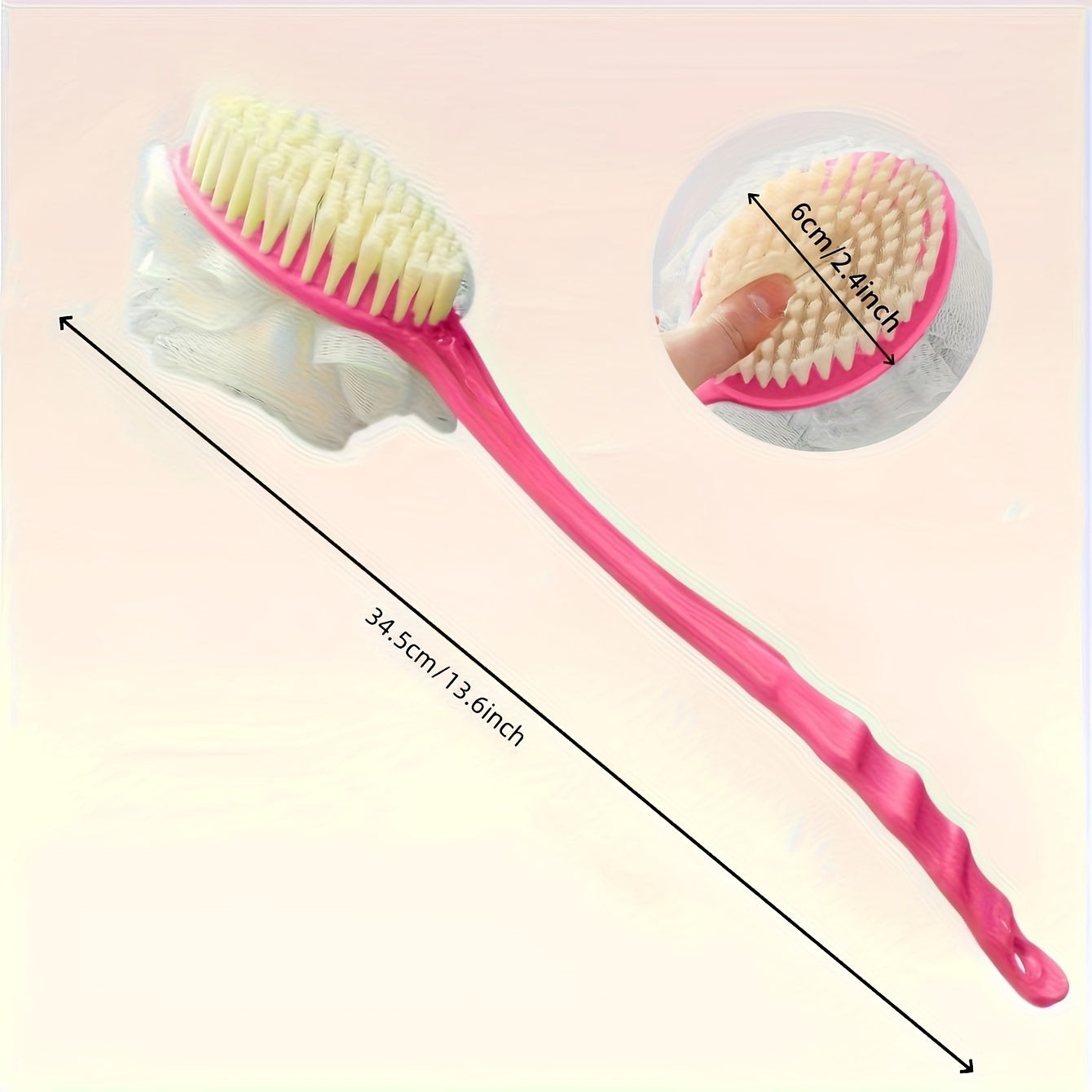 2 colors available - 1pc soft loofah and bristle body brush with curved long handle, for body, face, and spa cleansing - bathroom accessory