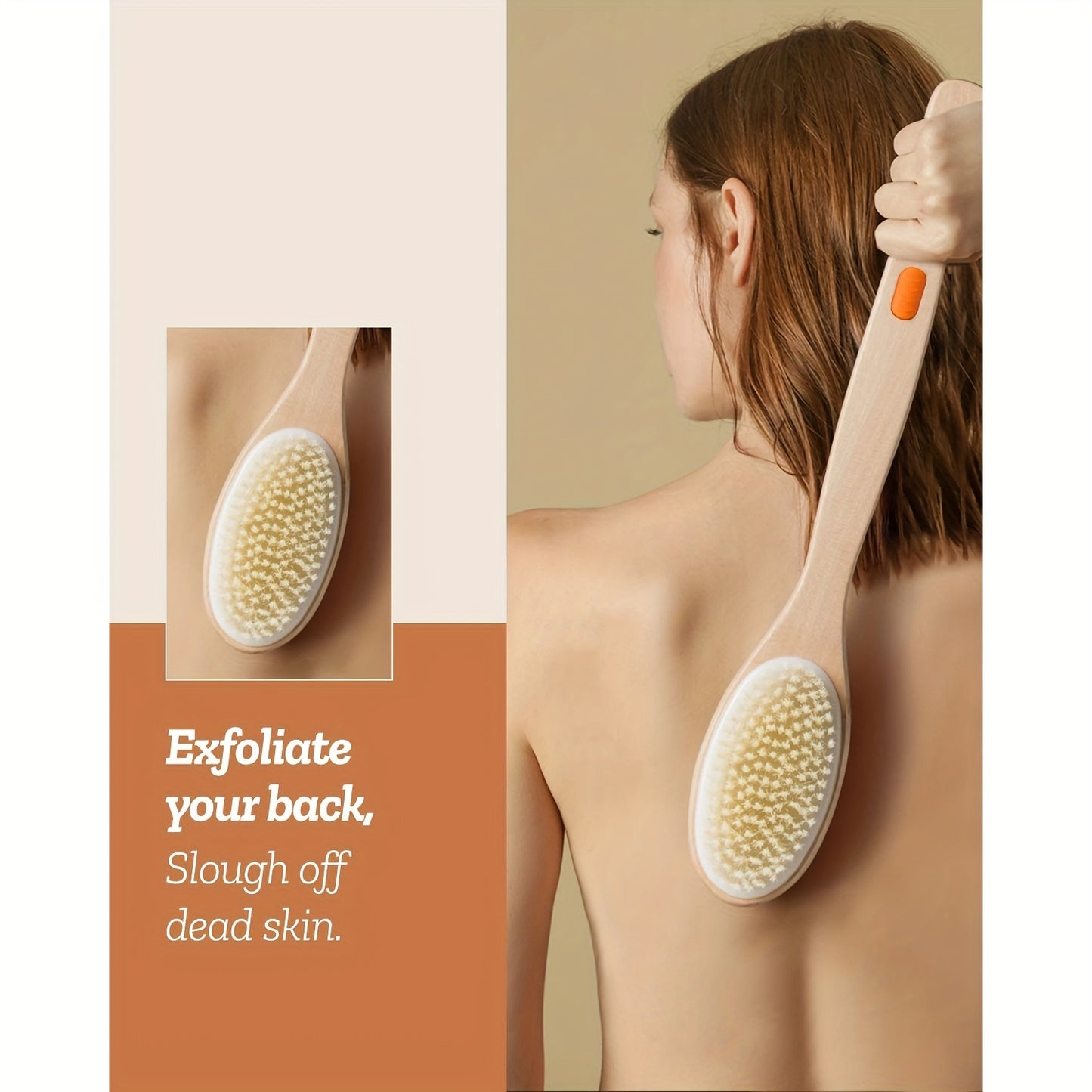 1pc Body Scrubber with Soft and Stiff Natural Bristles, Dual-Sided Long Handle Shower Brush, Back Scrubber, Body Exfoliator for Bath or Dry Brush, Bath Brush, Back Brush