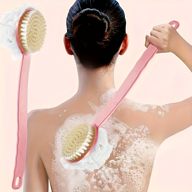 Soft Bristle Long Handle Back Scrubber with Bath Sponge, Adult Shower Brush for Exfoliation and Cleansing