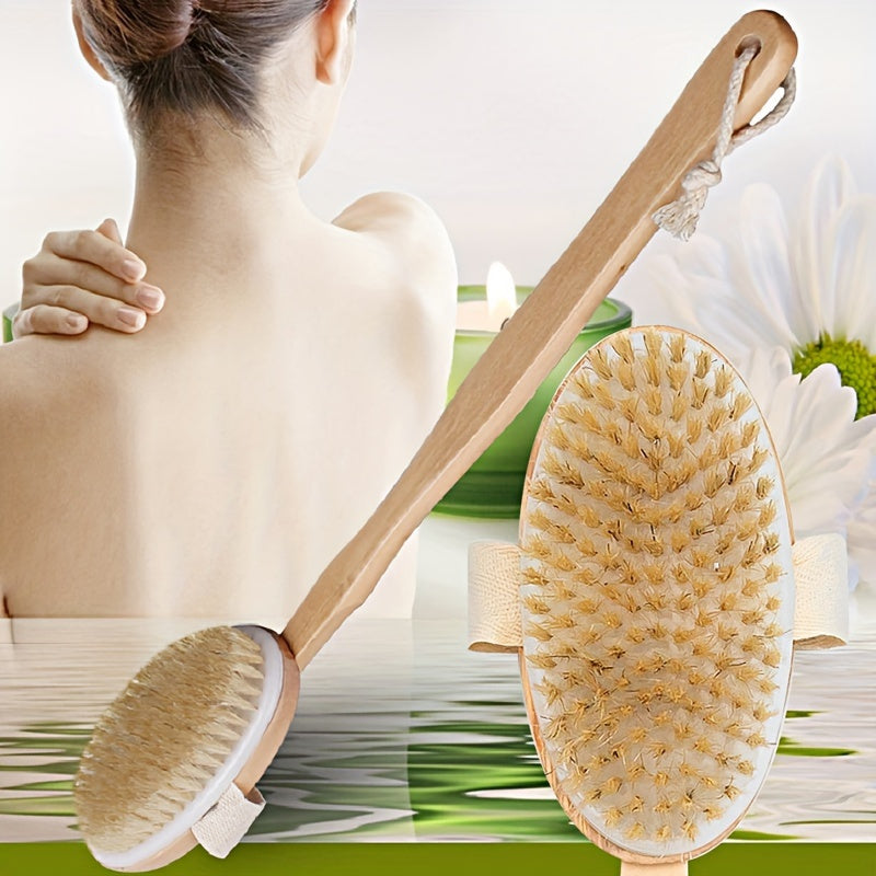 Natural Bristles High-Quality Long Handle Wooden Bath Brush | 16.14*2.56 Inch | Natural Bristles Wooden | Detachable, Unscented, Battery-Free | Dry Skin Exfoliation & Body Massage