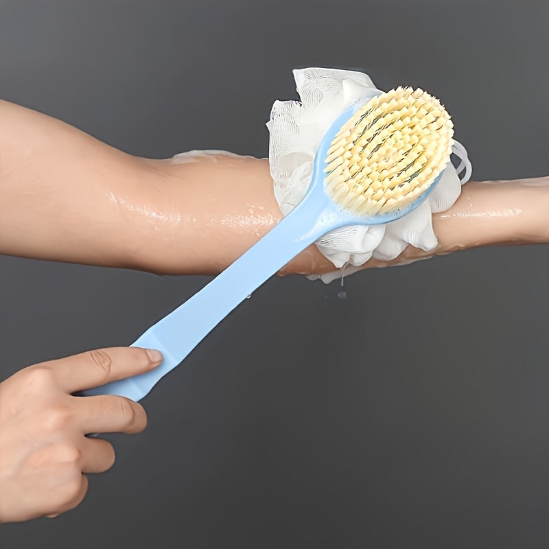 Soft Bristle Long Handle Back Scrubber with Bath Sponge, Adult Shower Brush for Exfoliation and Cleansing