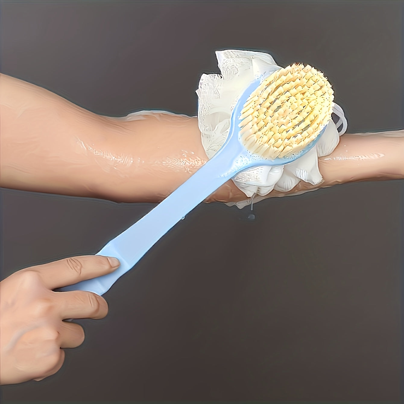 Soft Bristle Long Handle Back Scrubber with Bath Sponge, Adult Shower Brush for Exfoliation and Cleansing