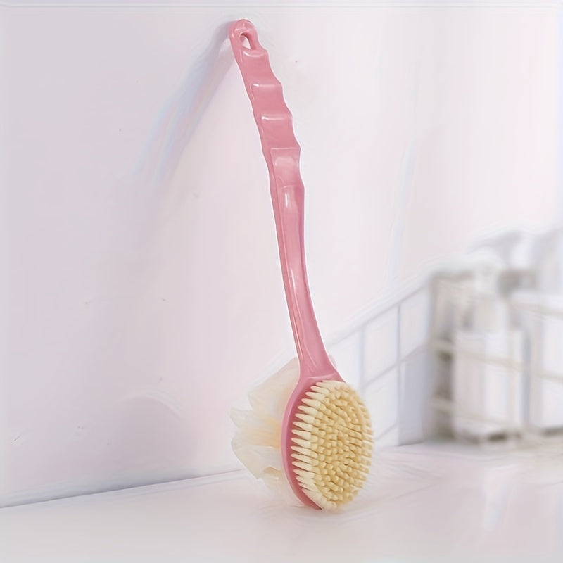 Soft Bristle Long Handle Back Scrubber with Bath Sponge, Adult Shower Brush for Exfoliation and Cleansing