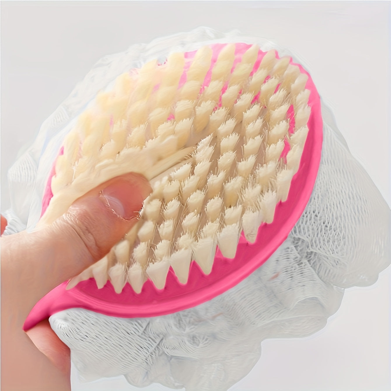 2 colors available - 1pc soft loofah and bristle body brush with curved long handle, for body, face, and spa cleansing - bathroom accessory