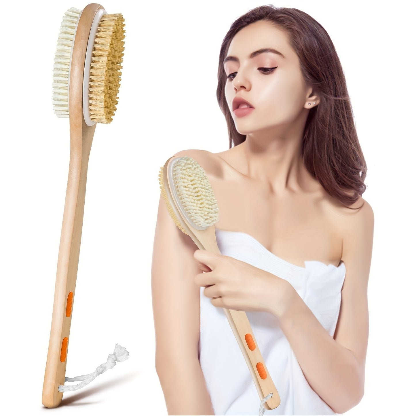 1pc Body Scrubber with Soft and Stiff Natural Bristles, Dual-Sided Long Handle Shower Brush, Back Scrubber, Body Exfoliator for Bath or Dry Brush, Bath Brush, Back Brush