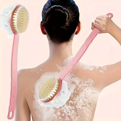 Soft Bristle Long Handle Back Scrubber with Bath Sponge, Adult Shower Brush for Exfoliation and Cleansing