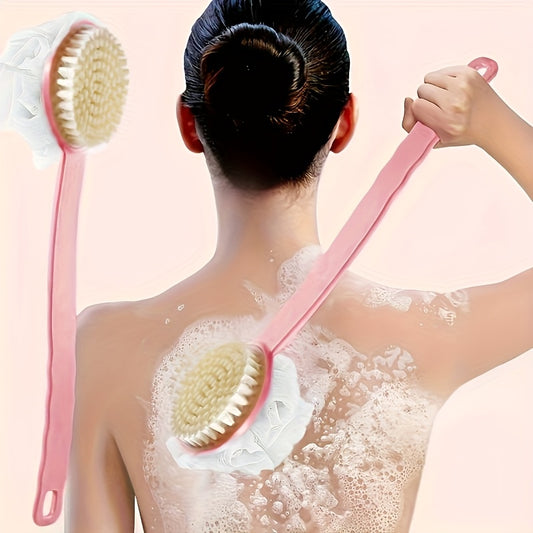 Soft Bristle Long Handle Back Scrubber with Bath Sponge, Adult Shower Brush for Exfoliation and Cleansing