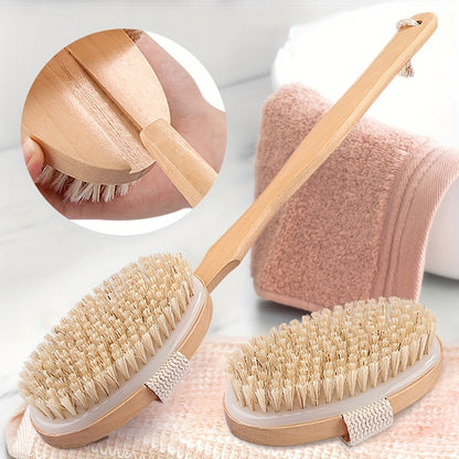 Natural Bristles High-Quality Long Handle Wooden Bath Brush | 16.14*2.56 Inch | Natural Bristles Wooden | Detachable, Unscented, Battery-Free | Dry Skin Exfoliation & Body Massage