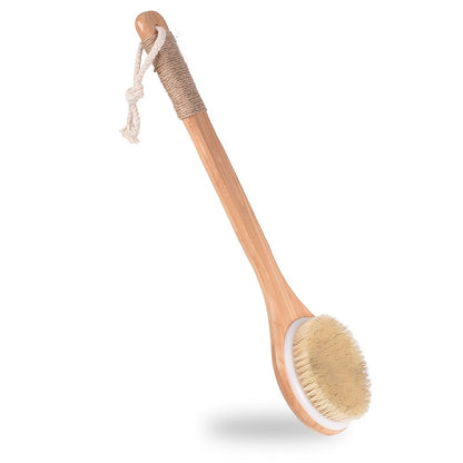 Long Handle Bath Brush with Suction Cup, Natural Bristle Back Scrubber for Body Spa Cleansing Shower Brush