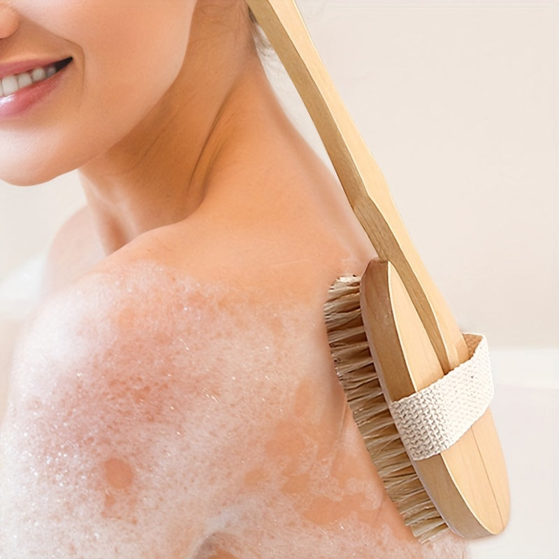 Natural Bristles High-Quality Long Handle Wooden Bath Brush | 16.14*2.56 Inch | Natural Bristles Wooden | Detachable, Unscented, Battery-Free | Dry Skin Exfoliation & Body Massage