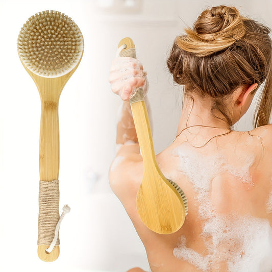 Long Handle Bath Brush with Suction Cup, Natural Bristle Back Scrubber for Body Spa Cleansing Shower Brush