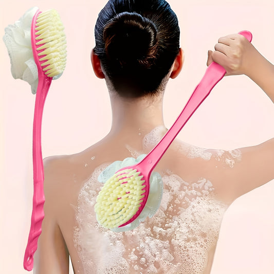 2 colors available - 1pc soft loofah and bristle body brush with curved long handle, for body, face, and spa cleansing - bathroom accessory