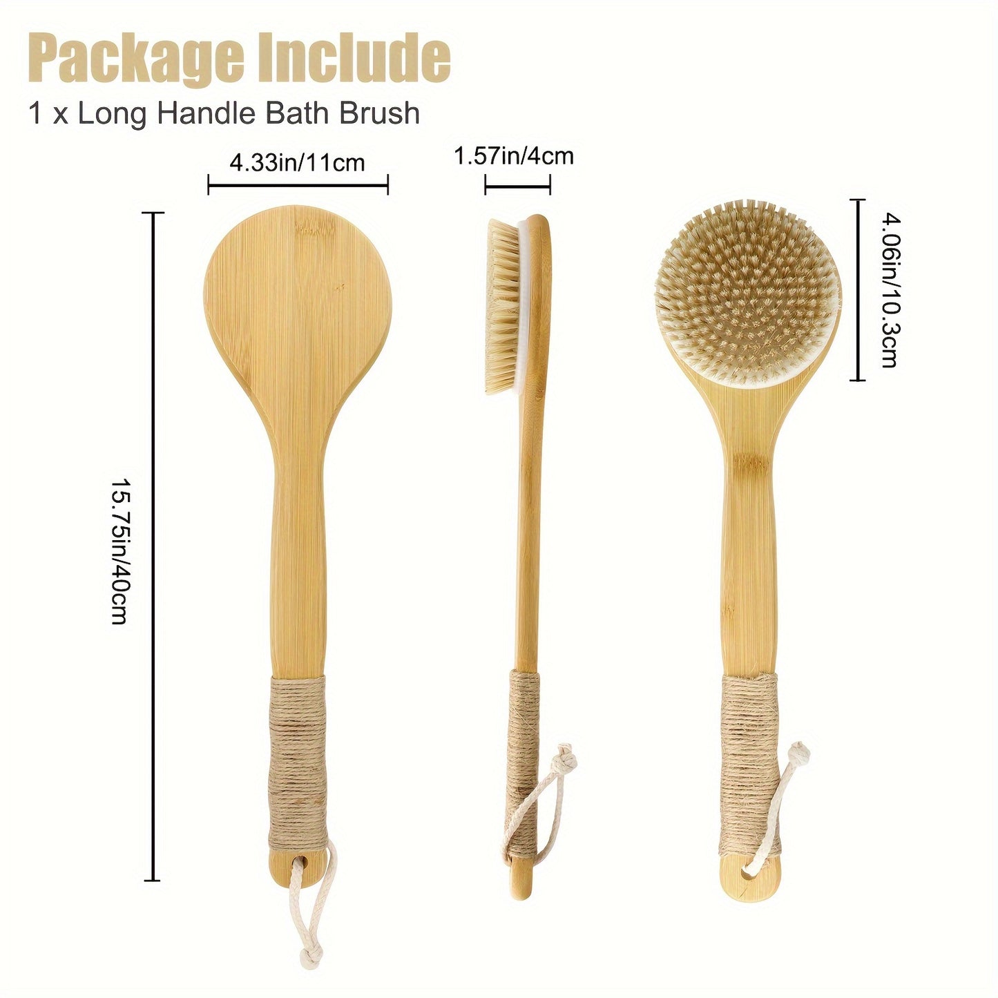 Long Handle Bath Brush with Suction Cup, Natural Bristle Back Scrubber for Body Spa Cleansing Shower Brush