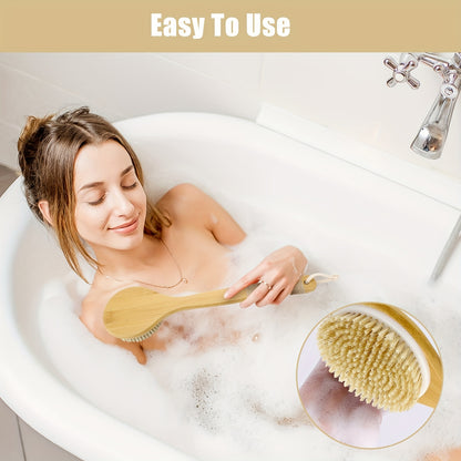 Long Handle Bath Brush with Suction Cup, Natural Bristle Back Scrubber for Body Spa Cleansing Shower Brush